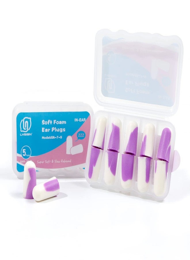 LYSIAN Ultra Soft Foam Earplugs Sleep-5 Pairs, 38dB Noise Cancelling Ear Plugs for Sleeping, Study, Shooting Range and Loud Sound Proof (Purple/White) - Image 1